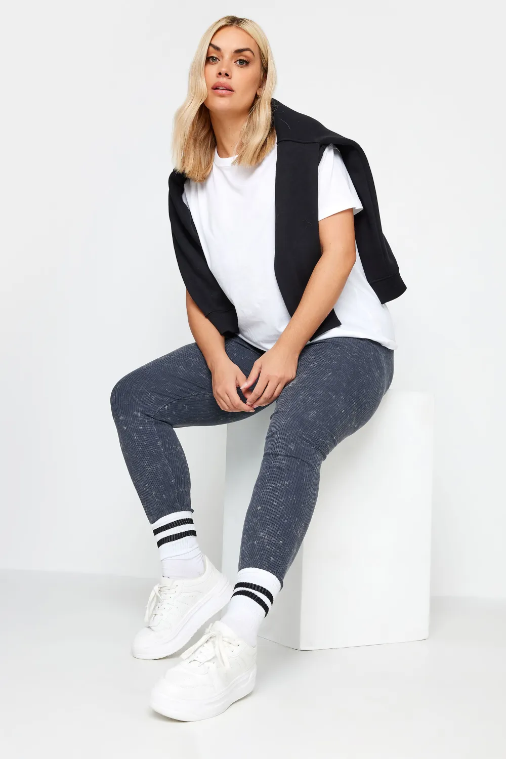 YOURS Curve Khaki Green Acid Wash Ribbed Leggings