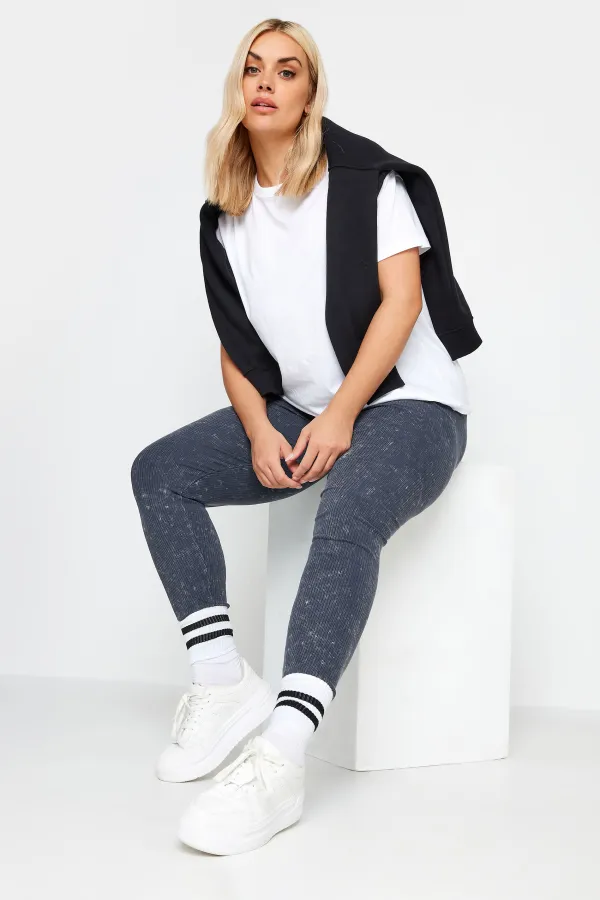 YOURS Curve Khaki Green Acid Wash Ribbed Leggings