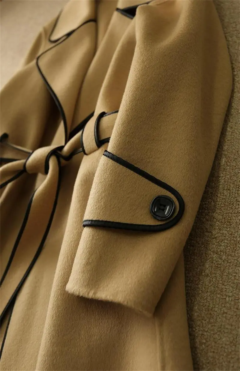 Contrasted trims front tie lapel coat