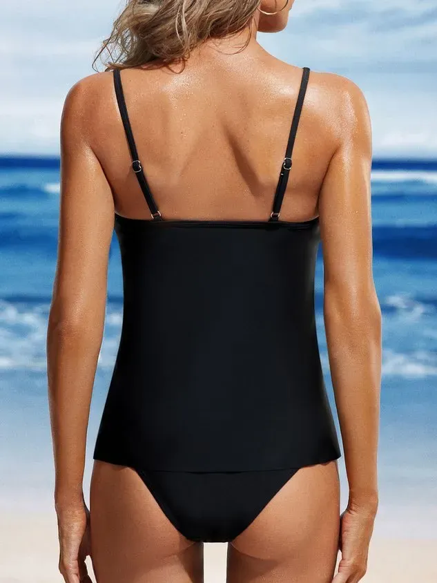 Casual Gathered Plain Scoop Neck Tankini Two-Piece Set