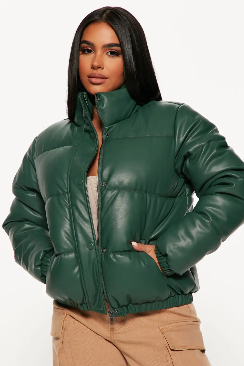 Upgrade You Faux Leather Puffer Jacket - Hunter