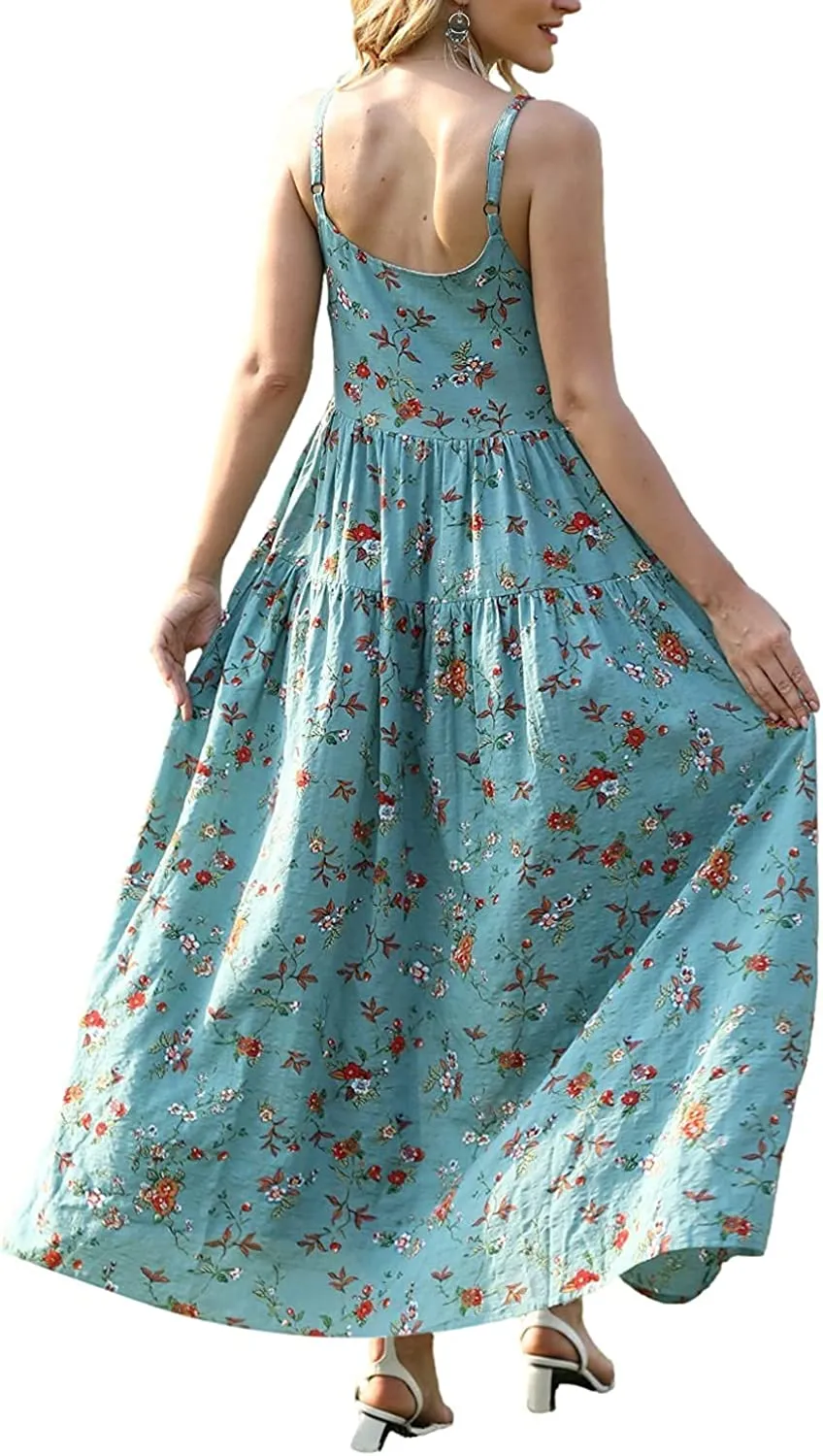 Summer Dresses for Women Casual Loose Bohemian Floral Dress with Pockets Spaghetti Strap Maxi Dress E75