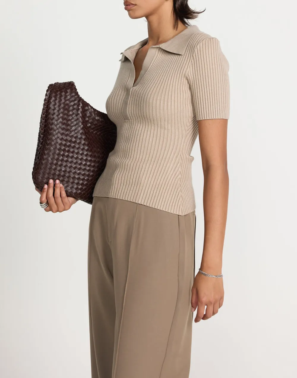 Cropped Ribbed Lapel Slim T-Shirt