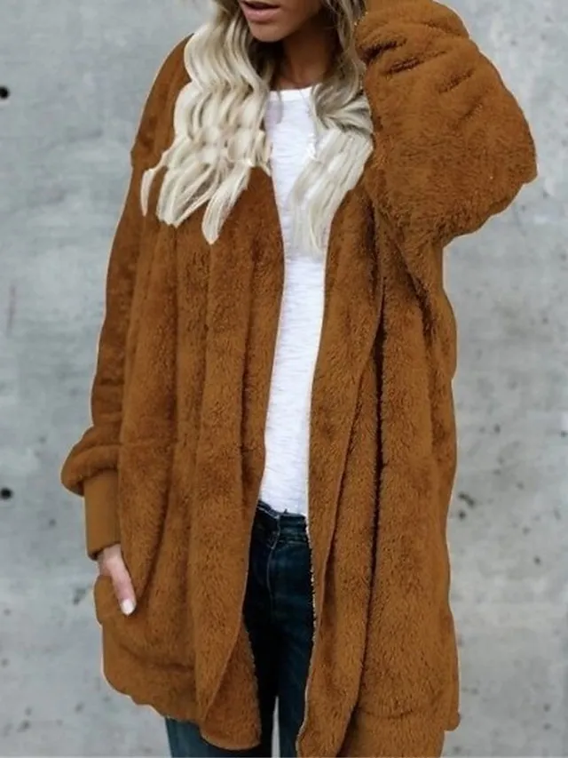 Women's Fleece Sherpa Jacket Teddy Bear Coat with Hood Open Front Winter Coat Fall Windproof Warm Comtemporary Stylish Plush Jacket Long Sleeve Plain with Pockets Oversize Lotus Black