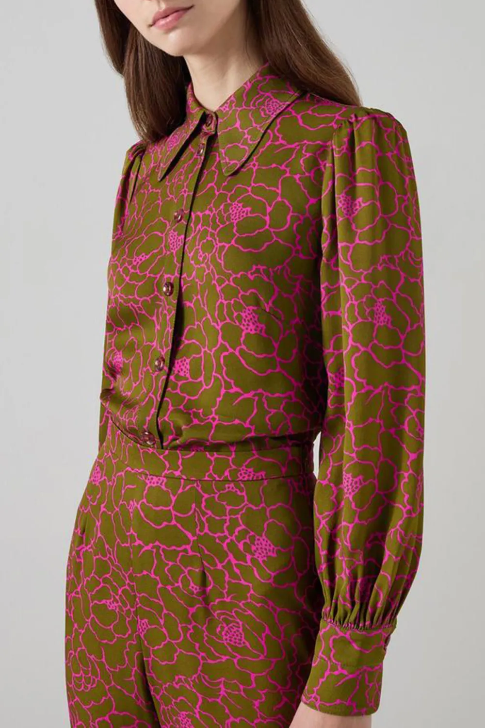 Pink Patterned Long Sleeve Button Down Blouse