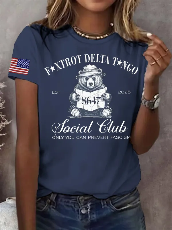 Women'S T-Shirt Fashion Flag Print Casual T-Shirt Pure Cotton Round Neck Print Short Sleeve