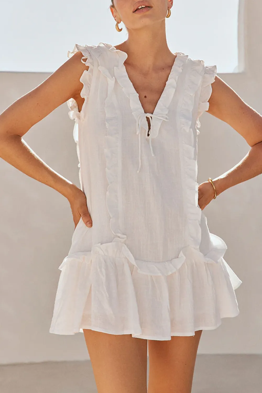 Ruffled V Neck Sleeveless Mini Dress