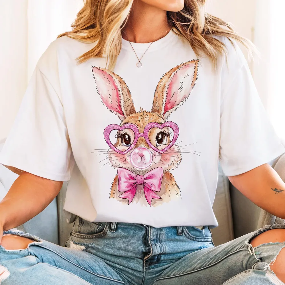 Easter Bunny Blowing Bubbles Printed Round Neck Short Sleeve T-Shirt