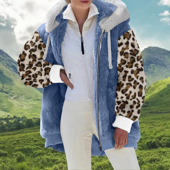 Casual Oversized Leopard-Painted Lambsool Hooded Coat