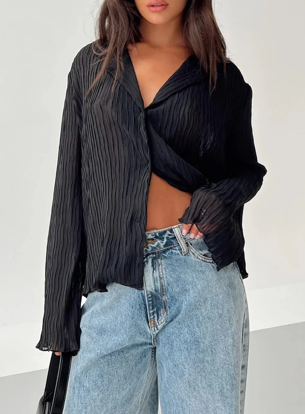 Black Textured Wrap Front Shirt