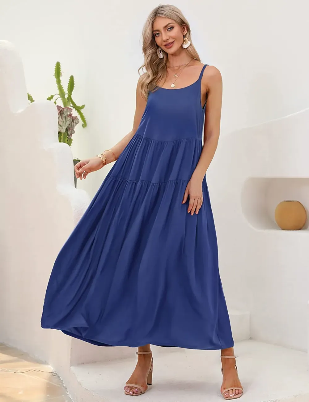 Summer Dresses for Women Casual Loose Bohemian Floral Dress with Pockets Spaghetti Strap Maxi Dress E75