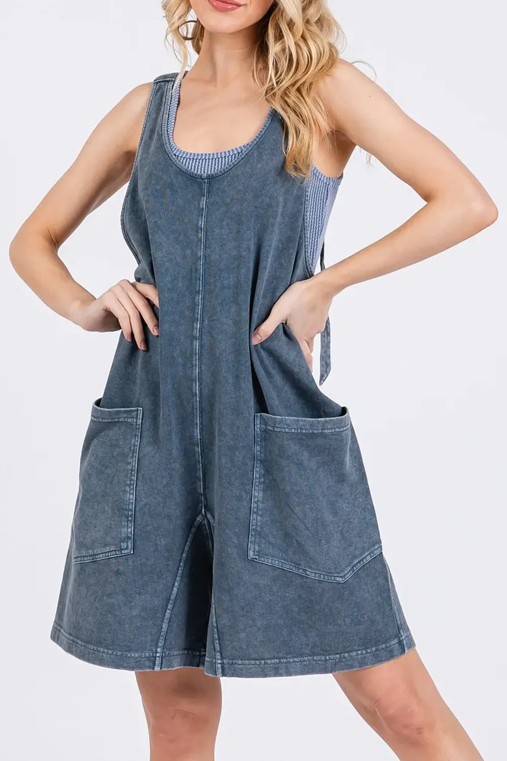 Retro Aging Waist-Cinching Grey Tank Jumpsuits