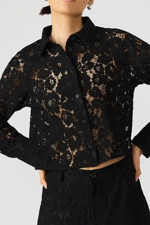 Black Floral Lace Button Down Shirt