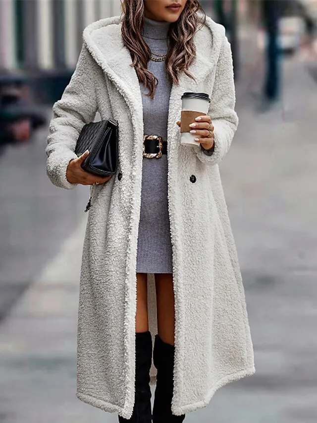 Women's Long Teddy Coat Fall Sherpa Jacket Warm Fleece Daily Going out Button Pocket Buttoned Front Hoodie Casual Solid Color Regular Fit Outerwear Long Sleeve Winter Black Brown Chocolate S M L XL