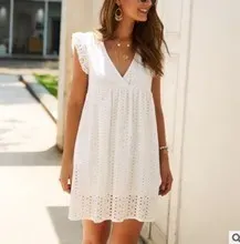 European and American women's new lace jacquard hollow V-neck dress women have pocket cloth shorts.