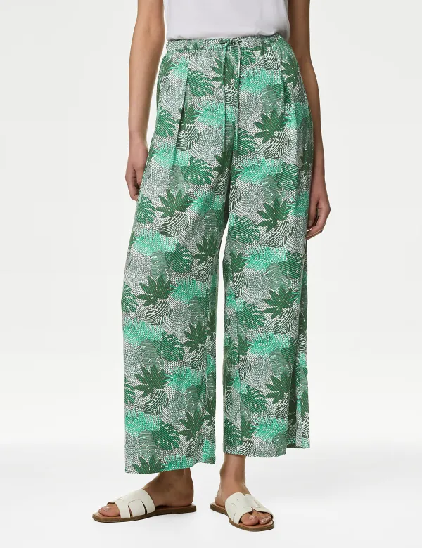 Plants Printed Wide Leg Trousers