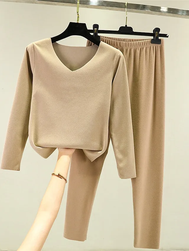 Women's Thermal Underwear Suit Pajama SetsThermal Set Pure Color Fashion Casual Soft Home Daily Bed Polyester Breathable V Wire Long Sleeve T shirt Tee Pant Fall Winter Light Pink Black