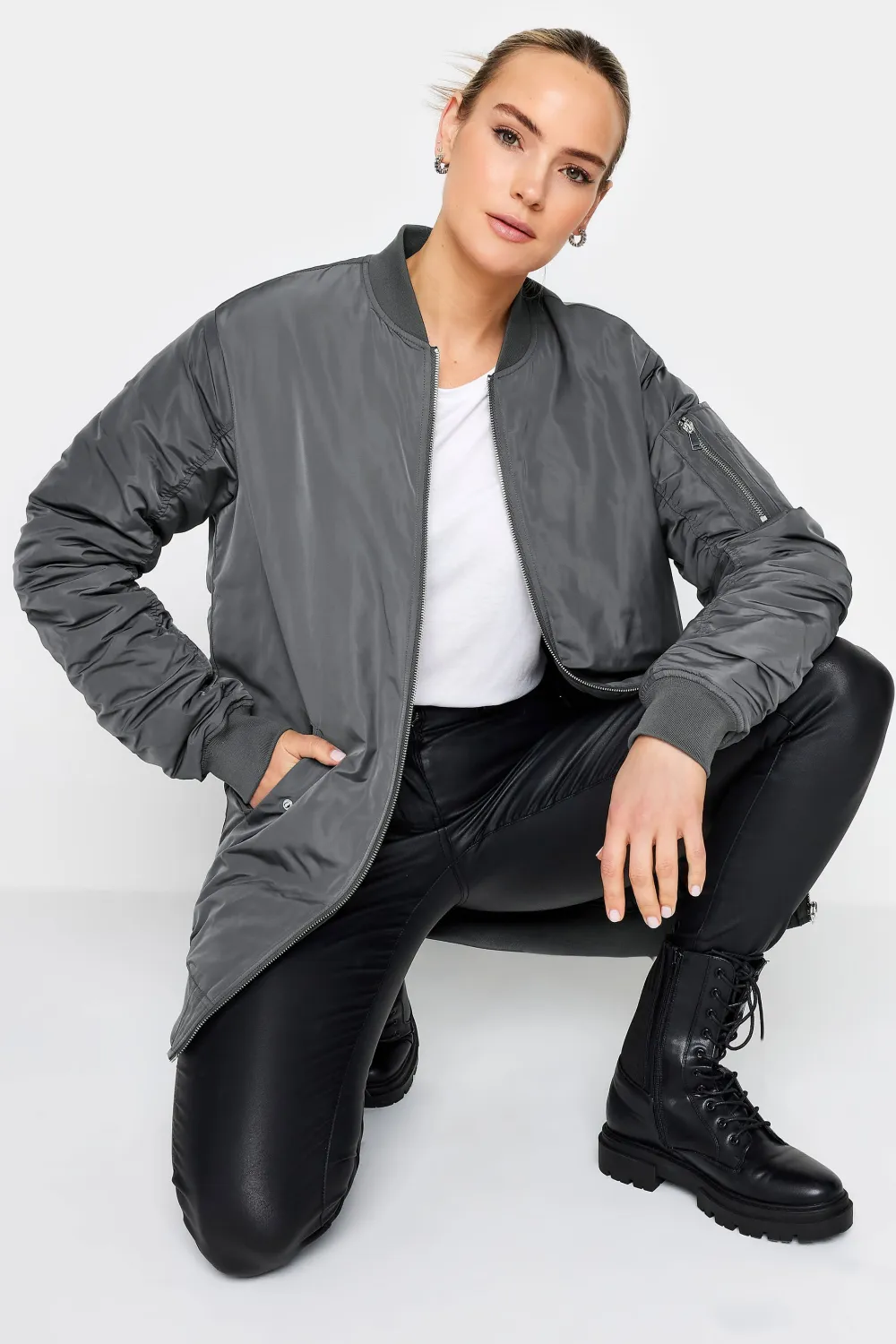LTS Tall Grey Padded Longline Bomber Jacket