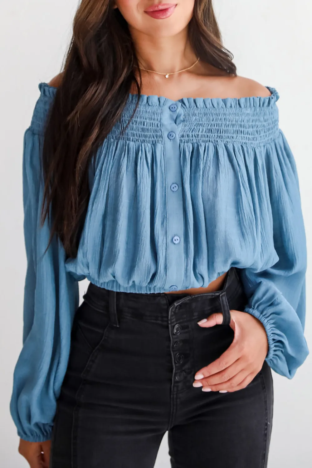 Utterly Pretty Blue Off-The-Shoulder Cropped Blouse
