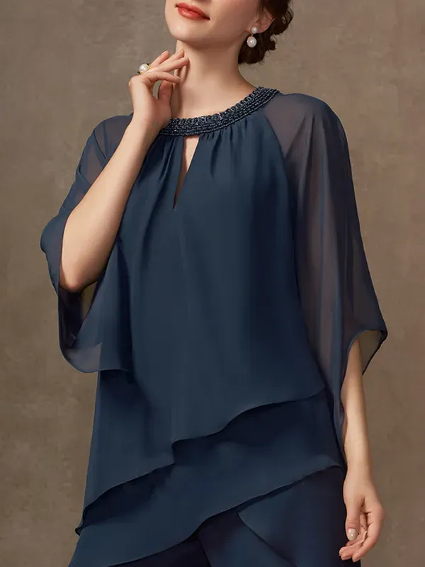 Chiffon Mother Sequin Top Trousers Set