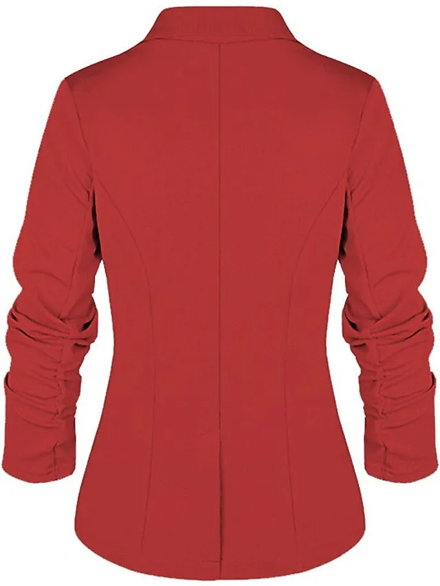 Women's Blazer Formal Office Jacket Open Front Button Plain Windproof Streetwear Pink Regular Fit Outerwear Long Sleeve Spring Navy S