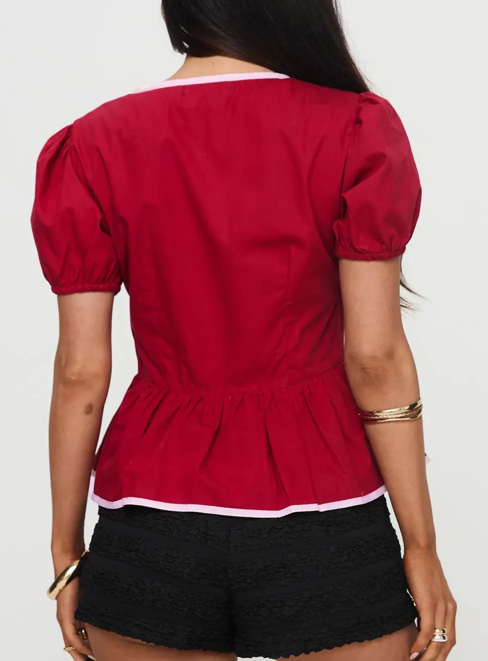 Red Puff Sleeve Peplum Shirt