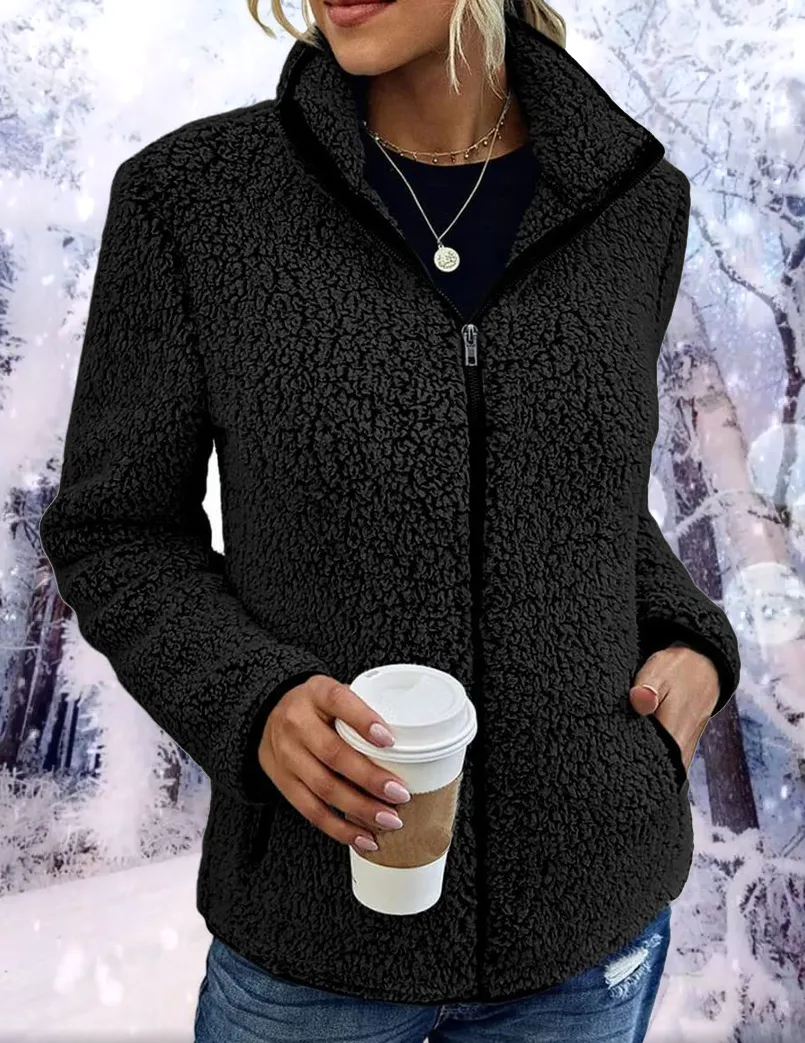 Solid Stand Collar Fleece Coat