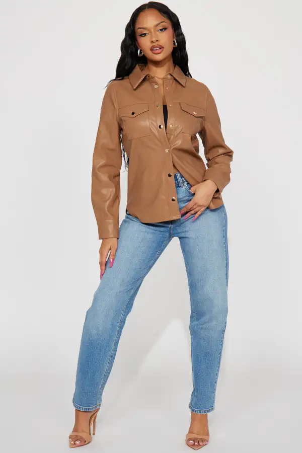 Enola Faux Leather Shirt - Camel