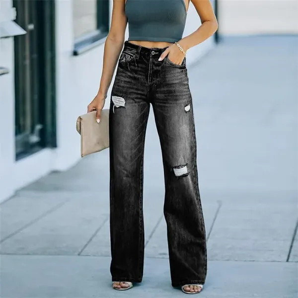 Women's Wide Leg Jeans Flare Leg Ripped Plain Jeans Classic Modern Regular Spring &  Fall Black Blue