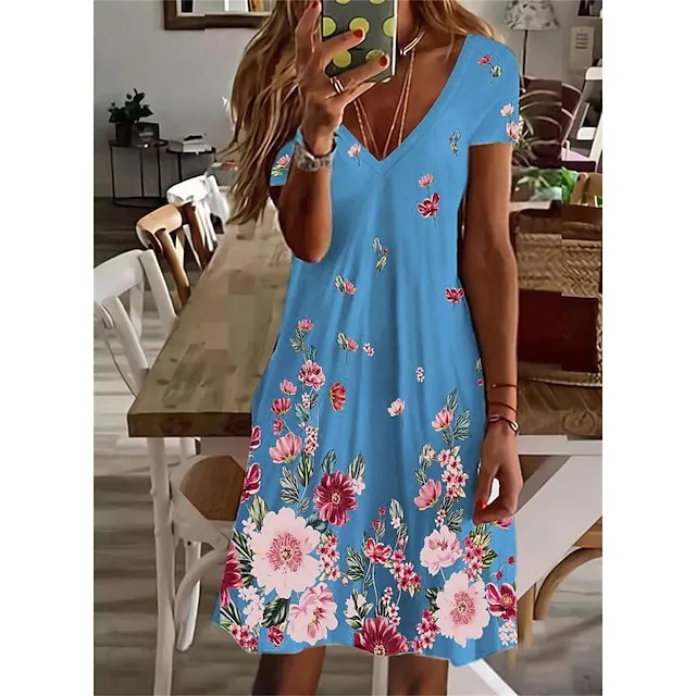 Women's Casual Dress Shift Dress Floral Dress Mini Dress Light Blue White Light Green Short Sleeve Floral Print Summer Spring V Neck Basic 2023 S M L XL 2XL 3XL 4XL