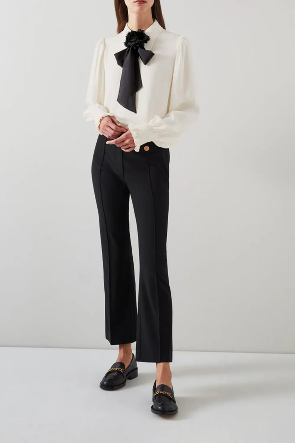 White Long Sleeve Bow Detail Silk Blouse