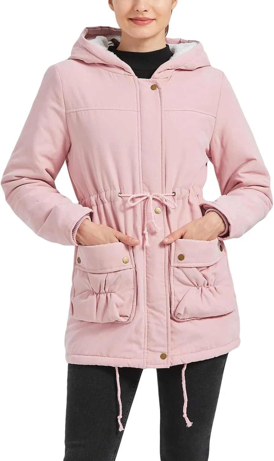 Women's Winter Mid Length Thick Warm Faux Lamb Wool Lined Jacket Coat