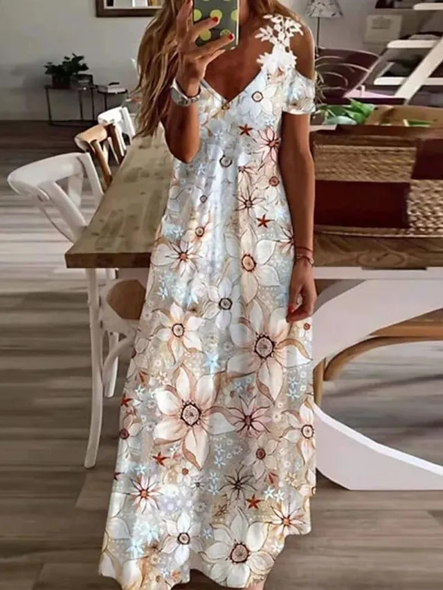 Women's Casual Dress Floral Dress Long Dress Maxi Dress Black White Blue Short Sleeve Floral Cold Shoulder Spring Summer V Neck Fashion Daily Vacation Weekend 2023 S M L XL XXL 3XL