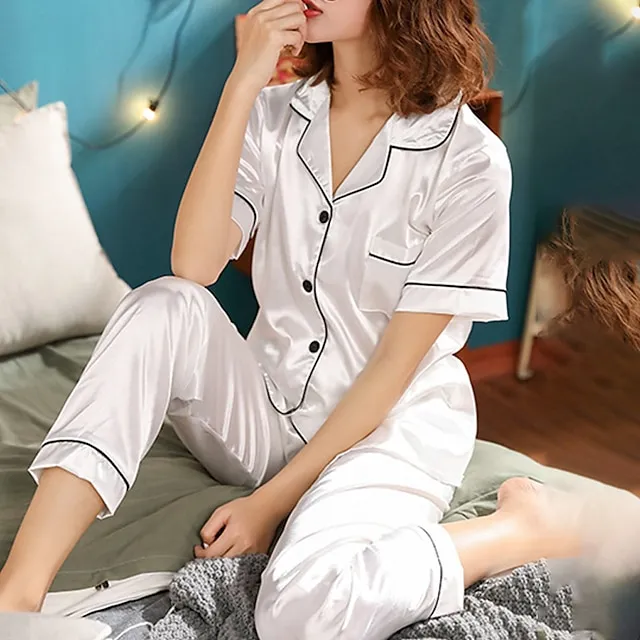 Women's Pajamas Pjs Sets 2 Pieces Pure Color Fashion Simple Comfort Home Xmas Christmas Daily Satin Lapel Short Sleeve Shirt Pant Elastic Waist Summer Spring Silver Black