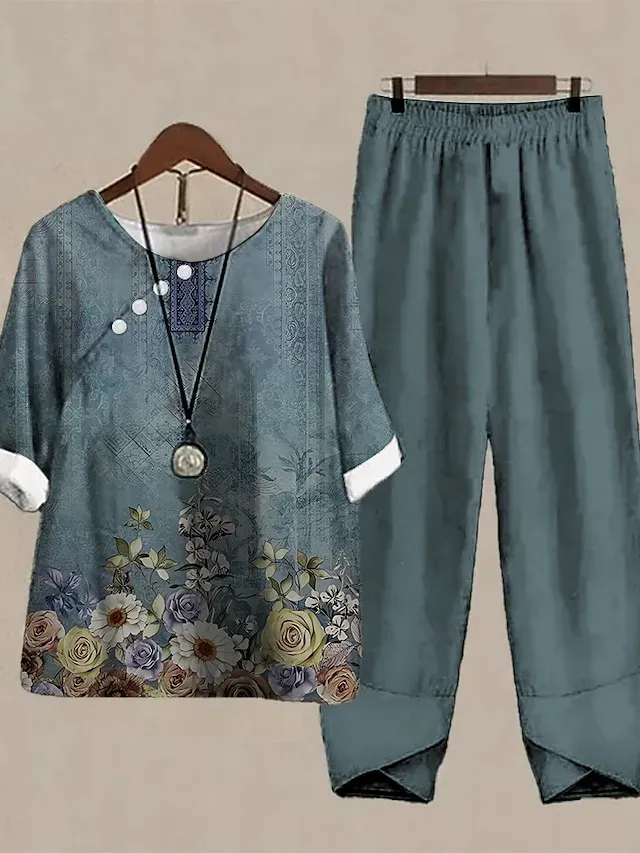 Women's Shirt Pants Sets Pants Trousers Basic Light Green Blue Holiday Weekend Floral Print Round Neck S M L XL 2XL