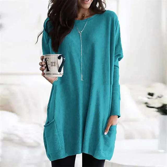 T shirt Tee Women's Wine Red Darkblue Black Solid / Plain Color Patchwork Pocket Street Daily Daily Classic Round Neck Regular Fit S