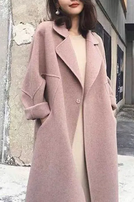 Solid Elegant Faux Woolen Lapel Coat