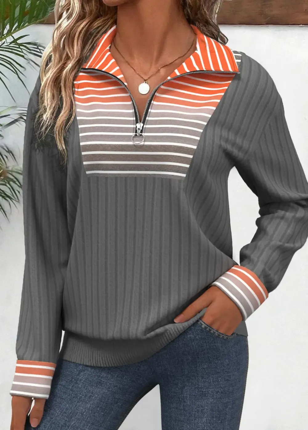 Orange Patchwork Striped Long Sleeve Turn Down Collar Sweatshirt