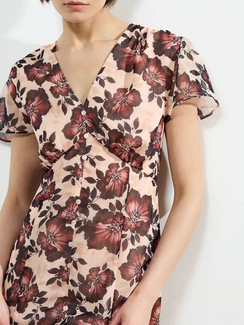 Fashion High Waist Floral V-Neck Short Sleeve Long Dress