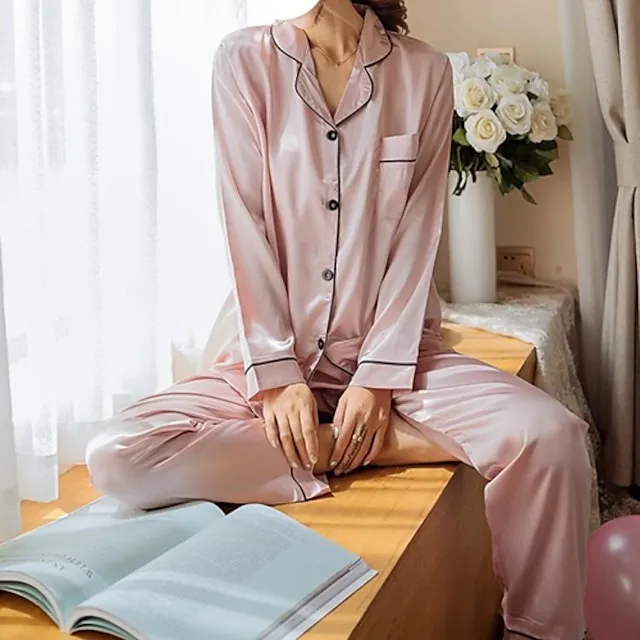 Women's Gift Pajamas Sets Home Christmas Party Daily Basic Pure Color Satin Simple Casual Soft Shirt Pant Fall Spring Summer Shirt Collar Long Sleeve Long Pant Buckle Pocket