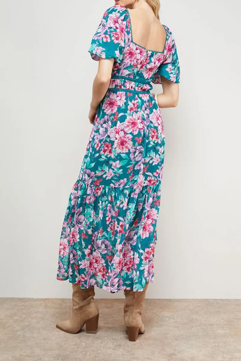 Daily Lace Trim Puff Sleeve Dress