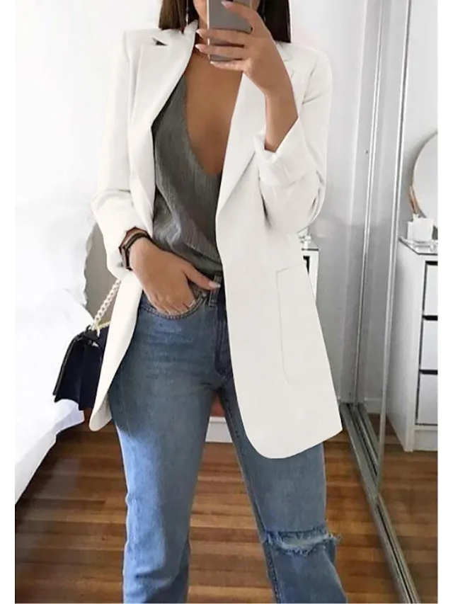Women's Blazer Casual Pocket Clean Fit Formal Outdoor Daily Wear Polyester Spring Wine Green Black Open Front V Neck Regular Fit S M L XL XXL 3XL / Solid Color
