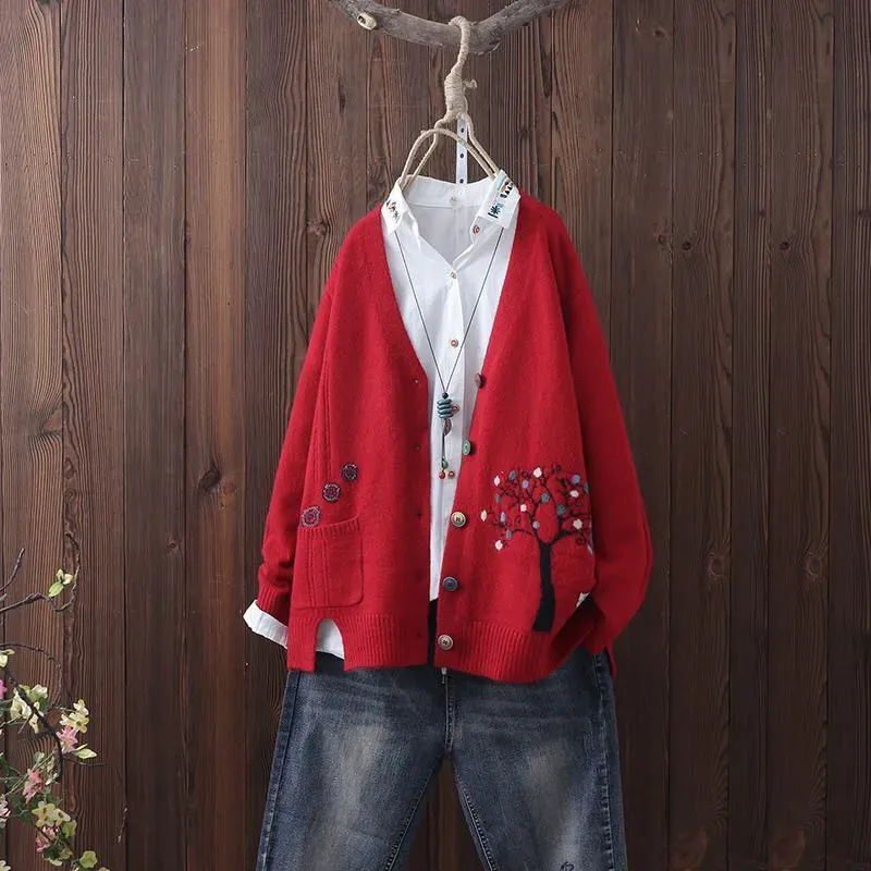 Vintage Botanical Long Sleeve Knit Cardigan