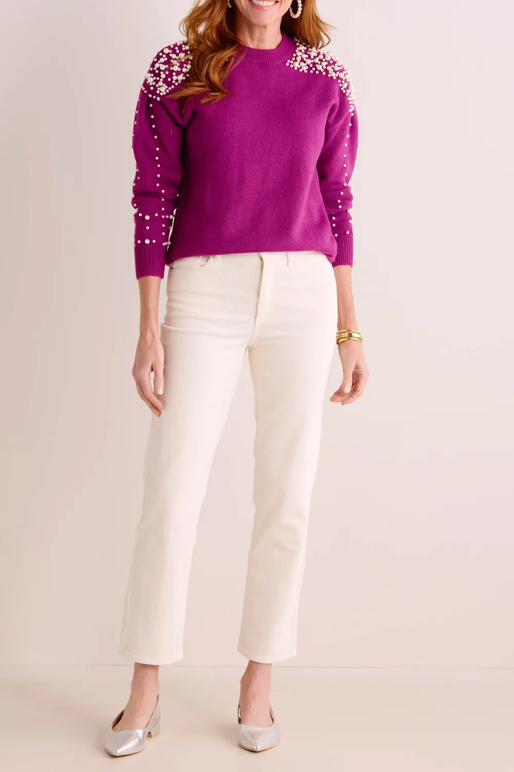Purple Crew Neck Rhinestone Embellished Sweater