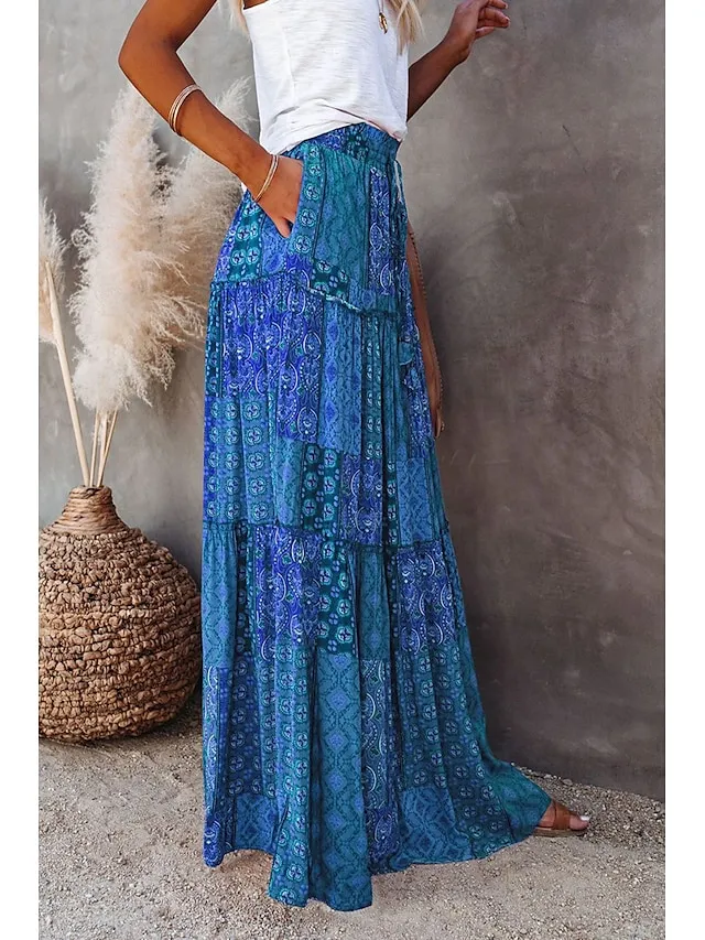 Women's Skirt Swing Long Skirt Maxi Red Blue Purple Orange Skirts Spring & Fall Ruffle Print Fashion coastal grandma style Boho Holiday Casual Daily S M L
