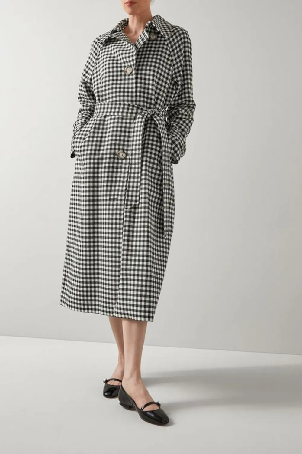 Black Cream Checkered Belted Long Coat