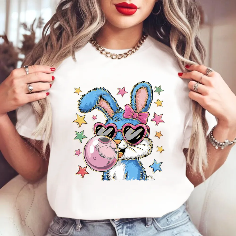 Easter Star Bunny Printed Round Neck Short Sleeve T-Shirt