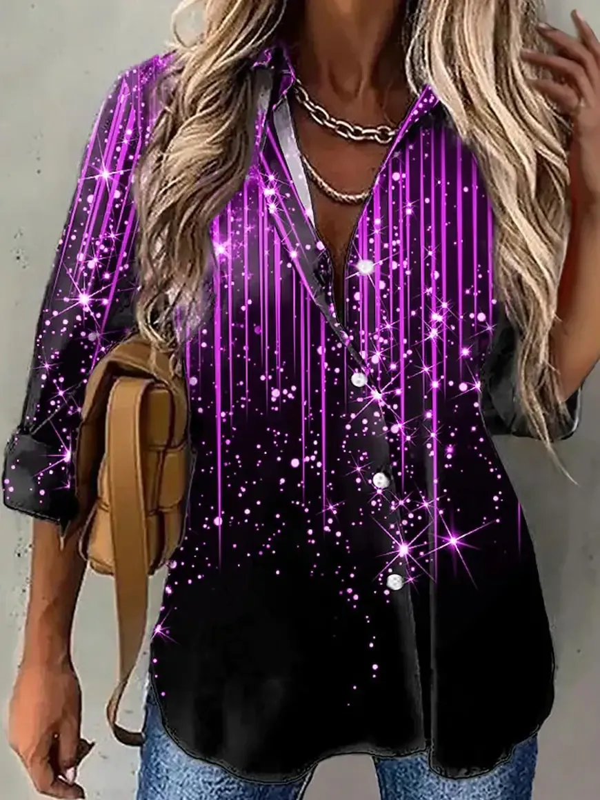 Women's Sparkly Print Long Sleeve Single Breasted Blouses
