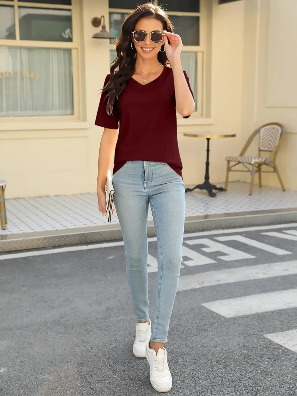 ORANDESIGNE Women's Color Block Short Sleeve T Shirts Casual V Neck Summer Tops Tees Loose Fit Blouses