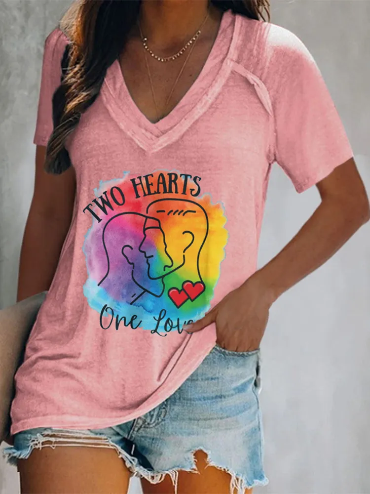 Women'S Two Hearts One Love V-Neck Short-Sleeved T-Shirt